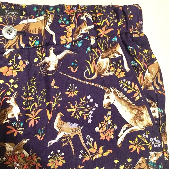 JCREW DRAKES London Trouser Pant Unicorn Dog Rabbit Bird Silk Pajama Navy Blue 0 - Picture 8 of 16